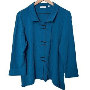 Habitat Teal Textured Toggle Button Front Collared Blouse Shirt Size M Retro